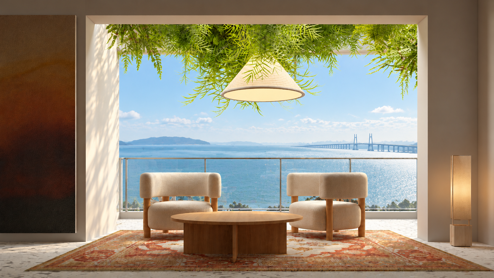 Sunlit lounge overlooking the Penang Bridge and the sea